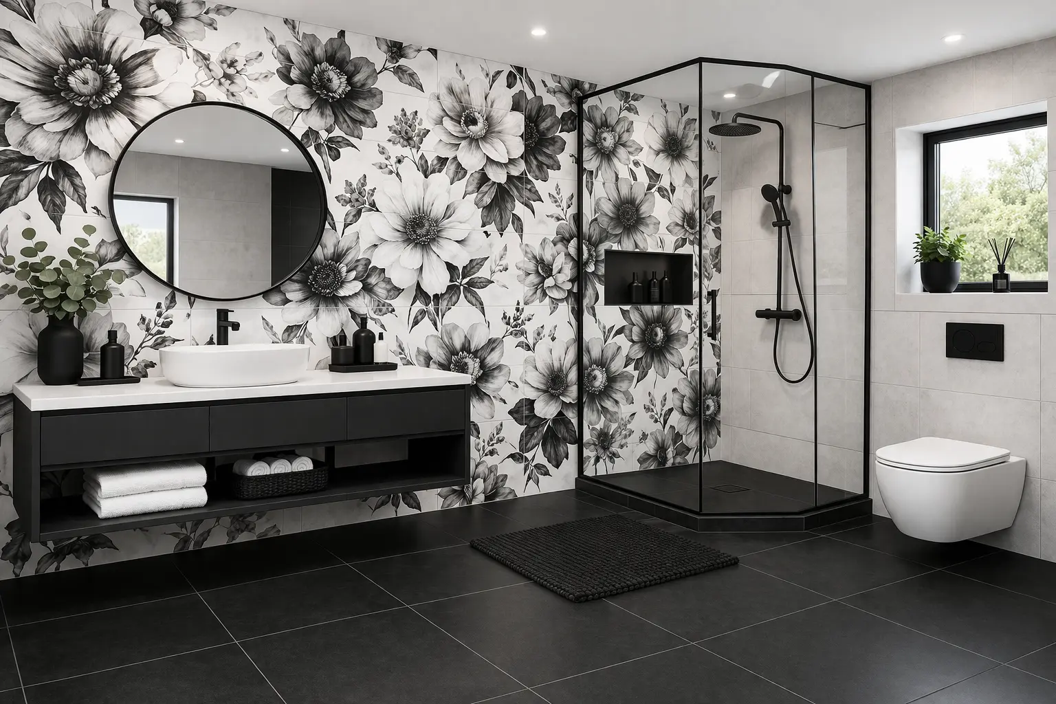 bathroom tiles floral design monochrome trend
