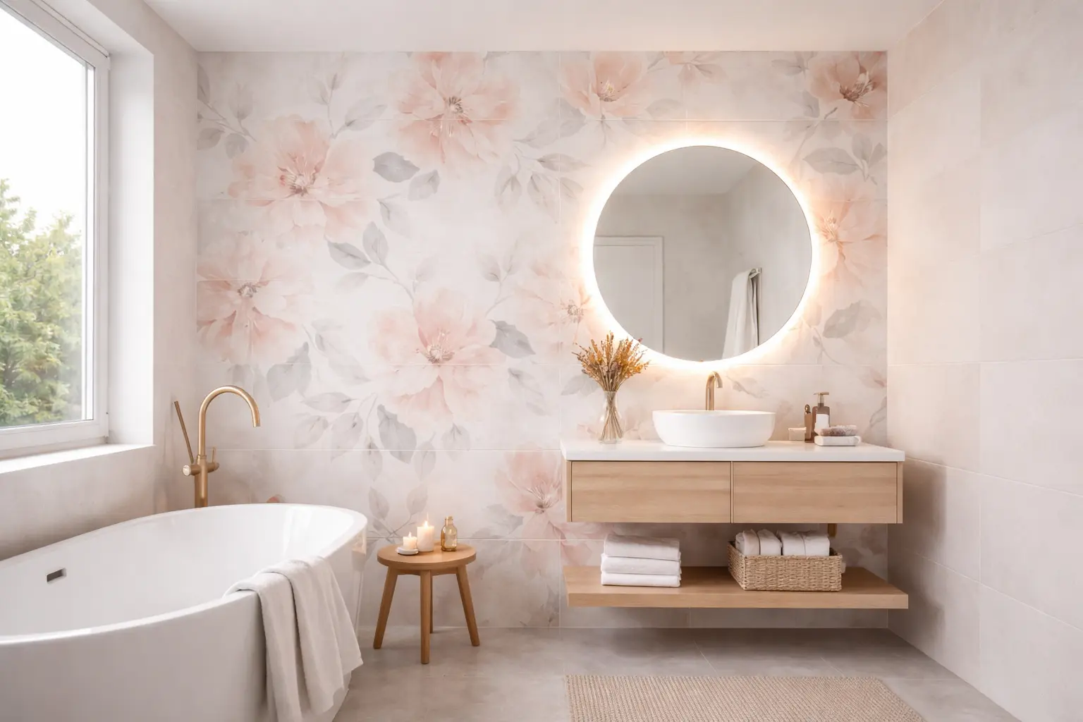 bathroom tiles floral design modern pastel bathroom