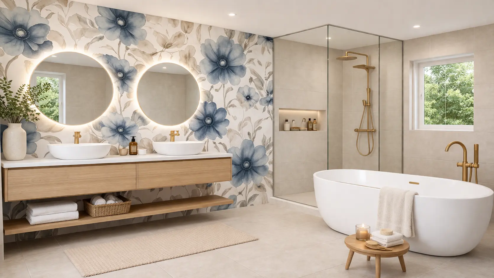 best floral design bathroom tiles large bathroom feature wall
